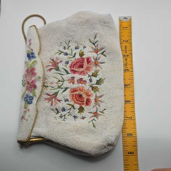 Vintage Ivory Beaded Handbag Embroidered Rose Floral Envelope Clutch French - Picture 16 of 16